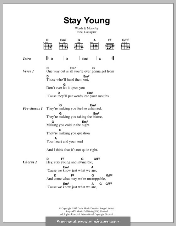 Stay Young (Oasis): Lyrics and chords by Noel Gallagher