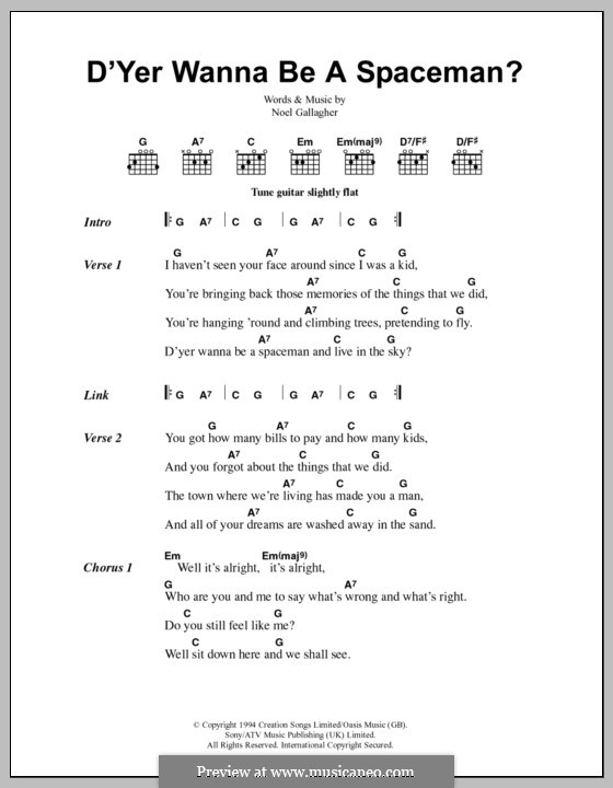 D'Yer Wanna Be a Spaceman? (Oasis): Lyrics and chords by Noel Gallagher