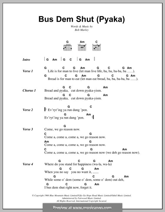 Bus Dem Shut (Pyaka): Lyrics and chords by Bob Marley