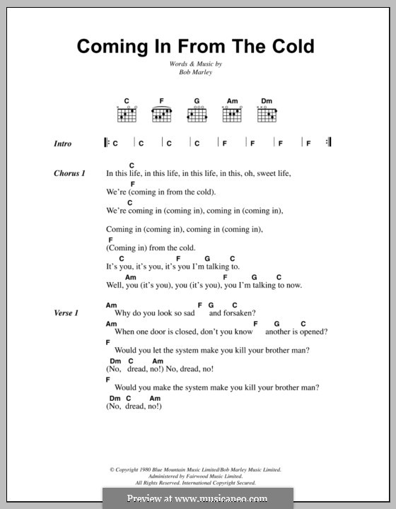 Coming in from the Cold: Lyrics and chords by Bob Marley