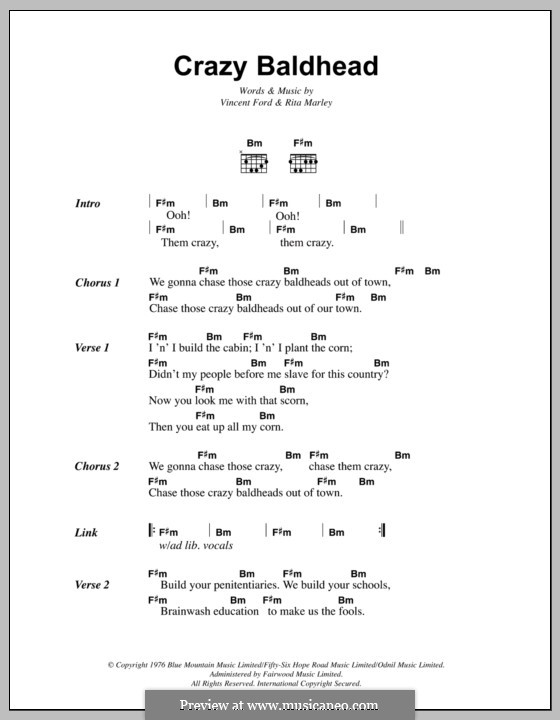 Crazy Baldhead (Bob Marley): Lyrics and chords by Rita Marley, Vincent Ford