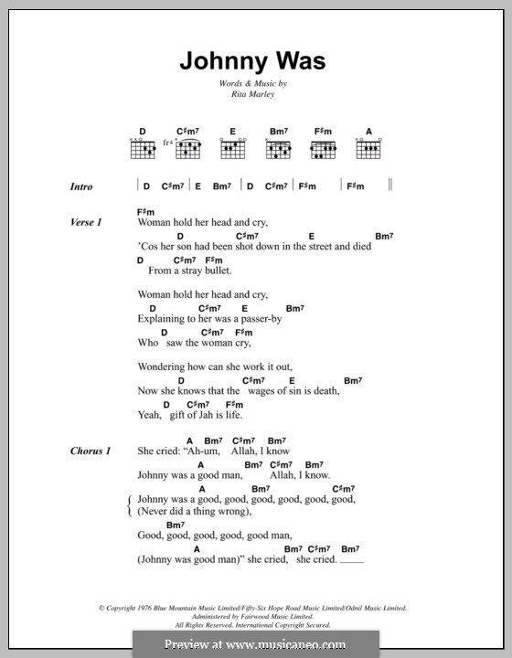 Johnny Was (Bob Marley): Lyrics and chords by Rita Marley