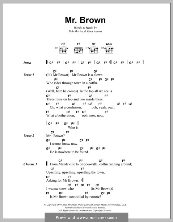 Mr. Brown (Bob Marley): Lyrics and chords by Glen Adams