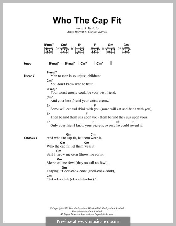 Who the Cap Fit (Bob Marley): Lyrics and chords by Aston Barrett, Carlton Barrett