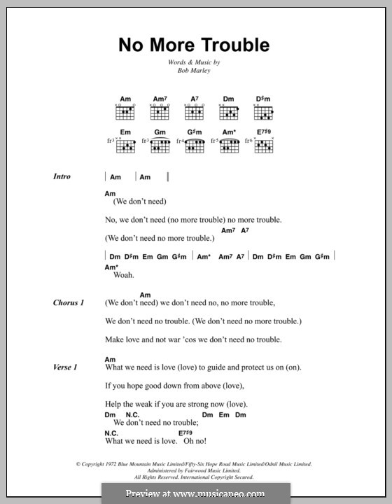 No More Trouble: Lyrics and chords by Bob Marley