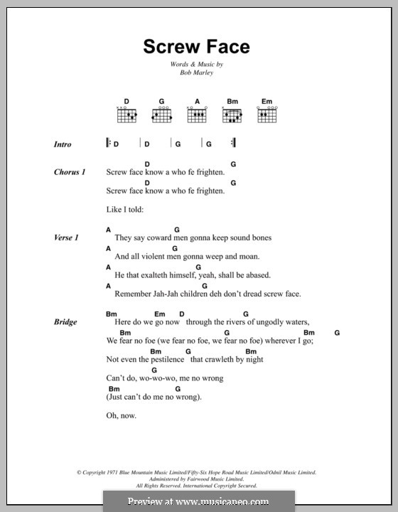 Screw Face: Lyrics and chords by Bob Marley