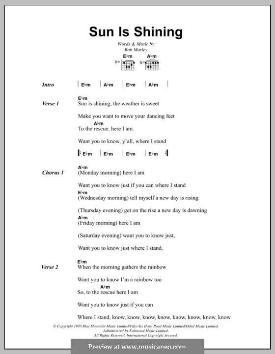 Sun Is Shining: Lyrics and chords by Bob Marley