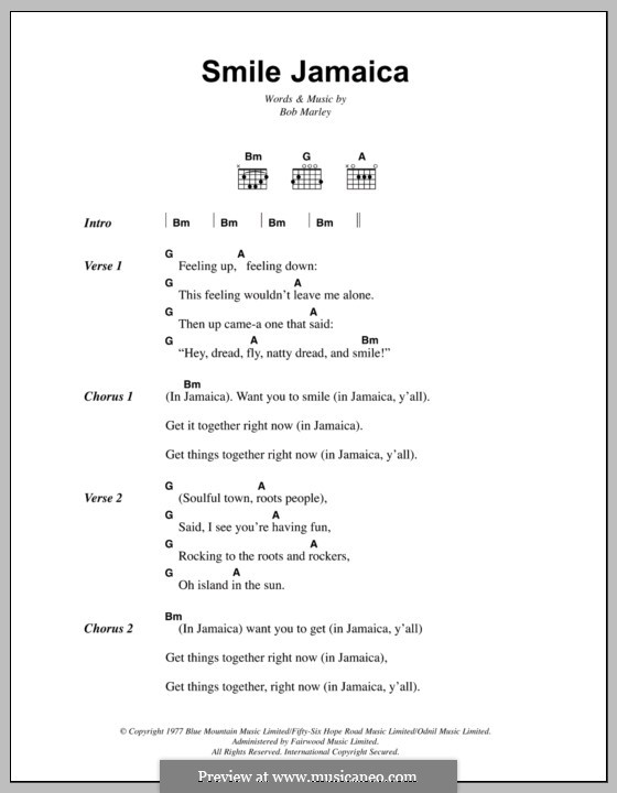 Smile Jamaica: Lyrics and chords by Bob Marley