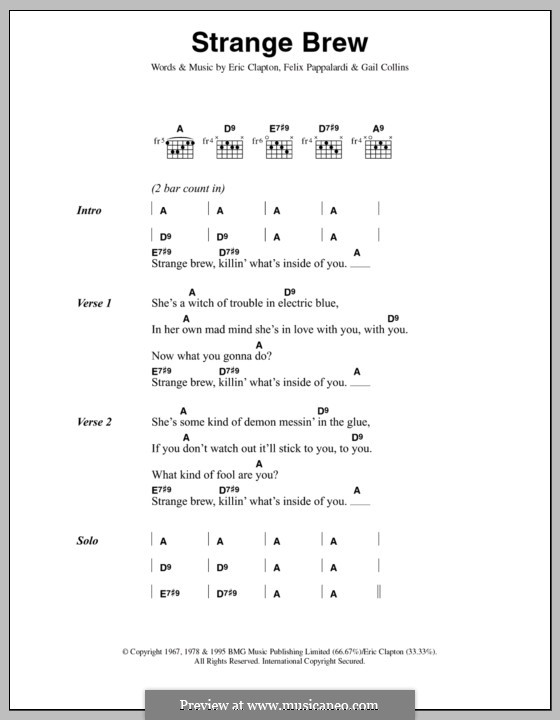 Strange Brew (Cream): Lyrics and chords by Eric Clapton, Felix Pappalardi, Gail Collins