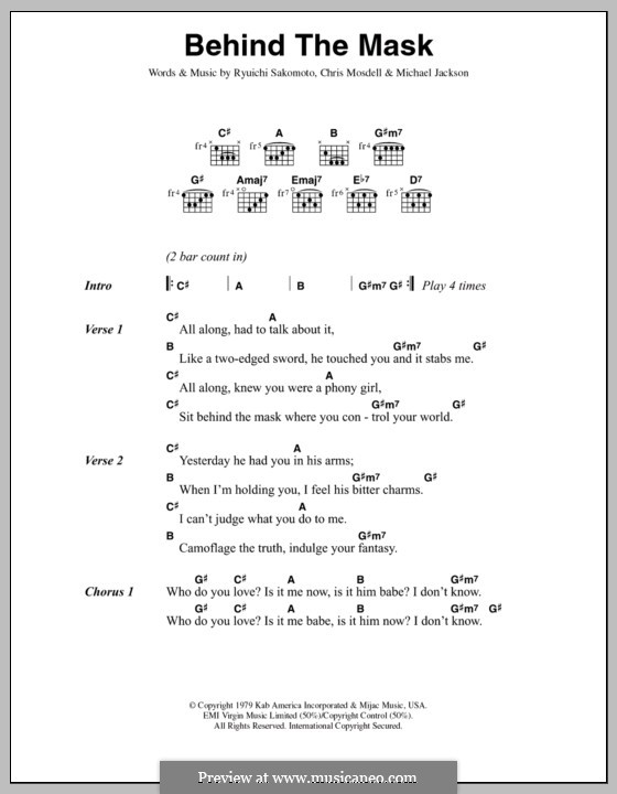 Behind the Mask (Eric Clapton): Lyrics and chords by Chris Mosdell, Michael Jackson, Ryuichi Sakamoto