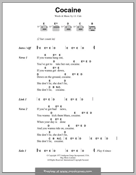 Cocaine: Lyrics and chords by J.J. Cale