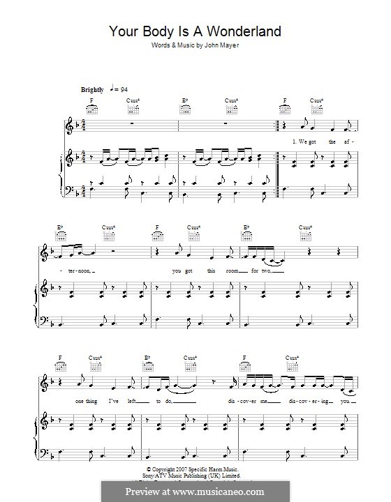 Your Body Is a Wonderland: For voice and piano (or guitar) by John Mayer