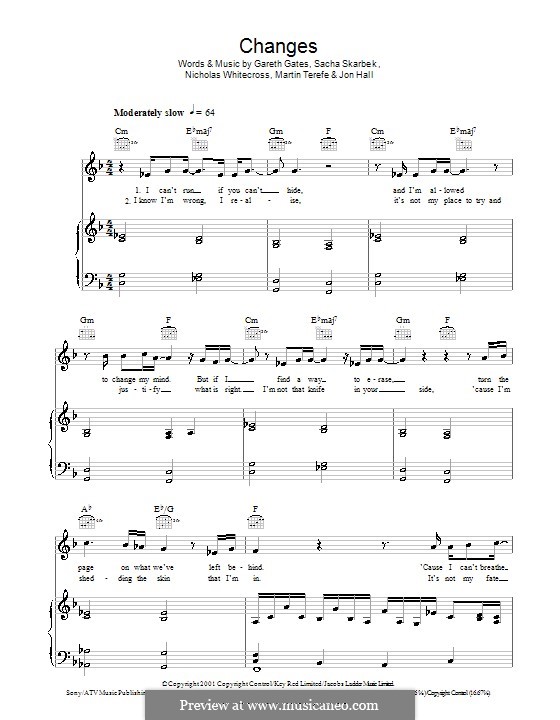Changes (Gareth Gates): For voice and piano (or guitar) by John T. Hall, Martin Terefe, Nicholas Whitecross, Sacha Skarbek