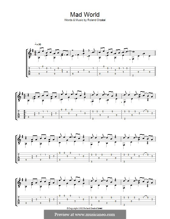 Mad World (Gary Jules & Michael Andrews): For guitar with tab by Roland Orzabal