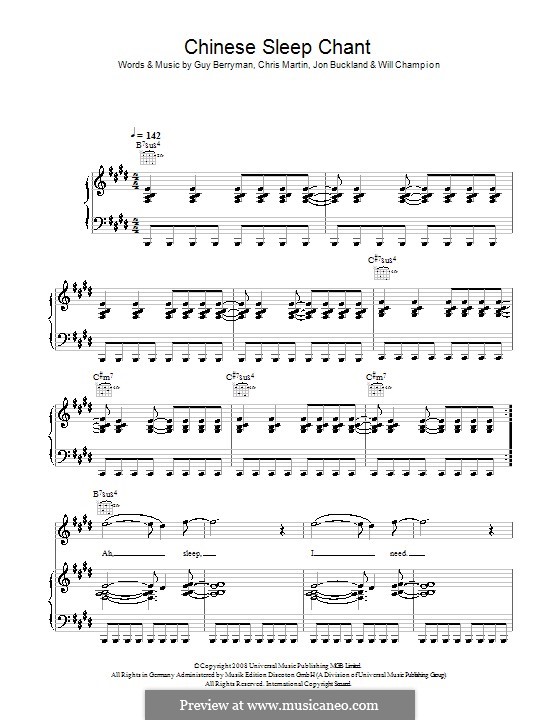 Chinese Sleep Chant (Coldplay): For voice and piano (or guitar) by Chris Martin, Guy Berryman, Jonny Buckland, Will Champion