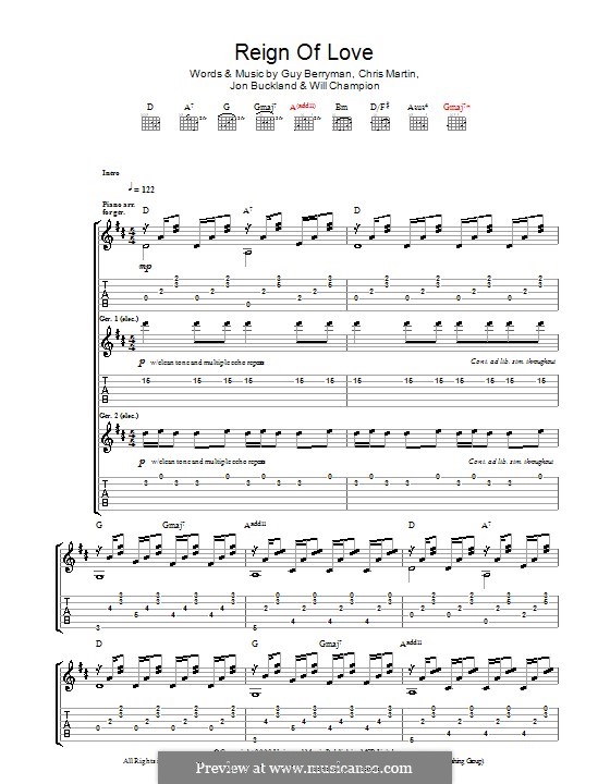 Reign of Love (Coldplay): For guitar with tab by Chris Martin, Guy Berryman, Jonny Buckland, Will Champion