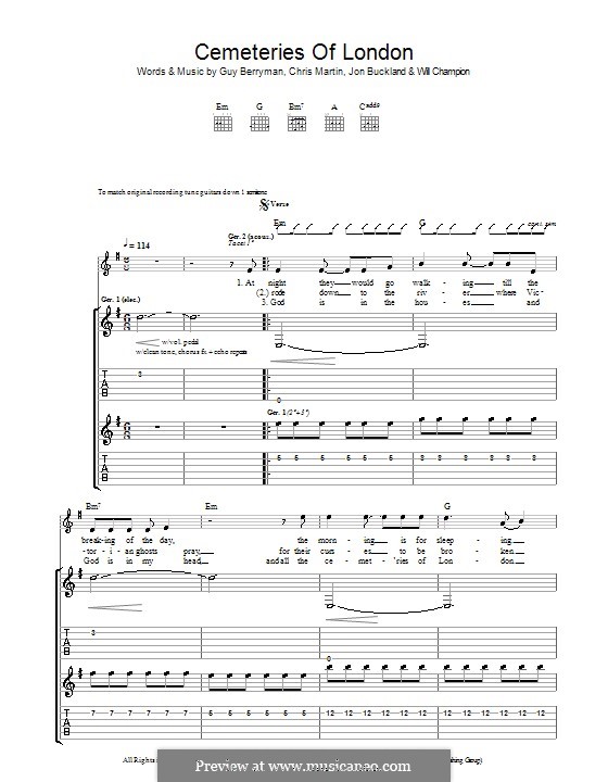 Cemeteries of London (Coldplay): For guitar with tab by Chris Martin, Guy Berryman, Jonny Buckland, Will Champion