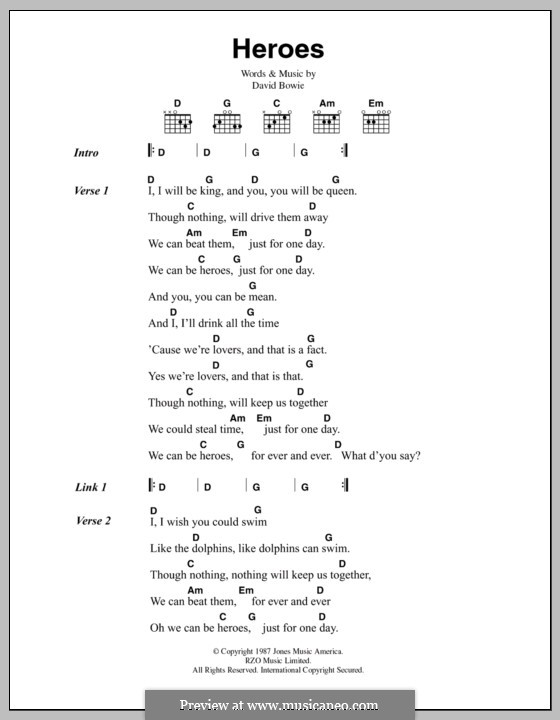 Heroes: Lyrics and chords by Brian Eno, David Bowie