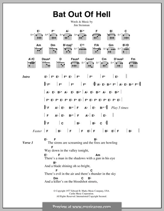 Bat Out of Hell (Meat Loaf): Lyrics and chords by Jim Steinman
