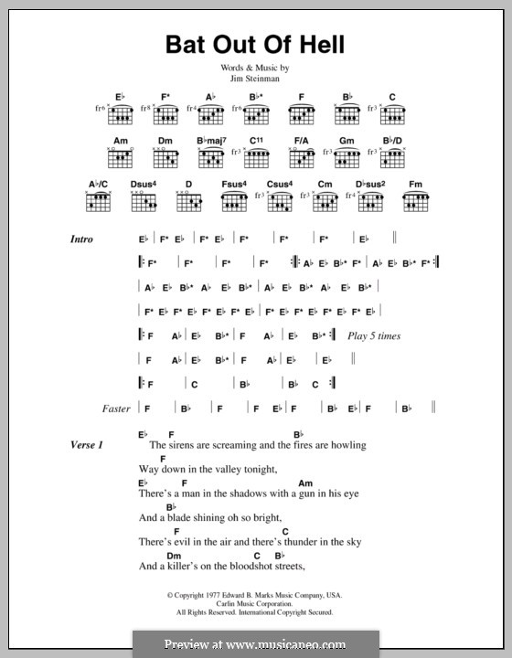 Bat Out of Hell (Meat Loaf): Lyrics and chords by Jim Steinman