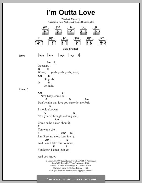 I'm Outta Love: Lyrics and chords by Anastacia, Louis Biancaniello, Samuel Watters