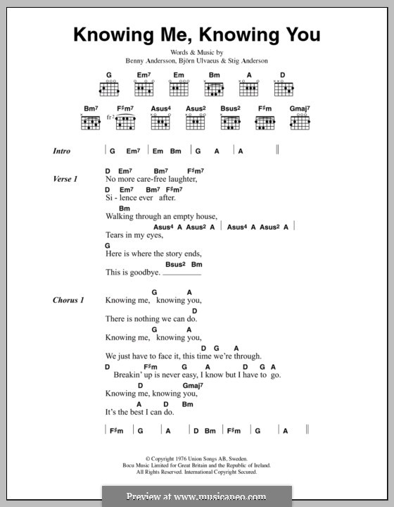 Knowing Me, Knowing You (ABBA): Lyrics and chords by Benny Andersson, Björn Ulvaeus, Stig Anderson