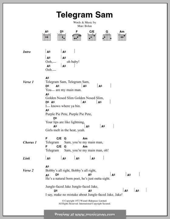 Telegram Sam (T Rex): Lyrics and chords by Marc Bolan