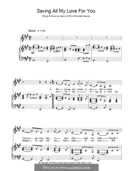 Saving All My Love for You (Whitney Houston): For voice and piano by Gerry Goffin, Michael Masser
