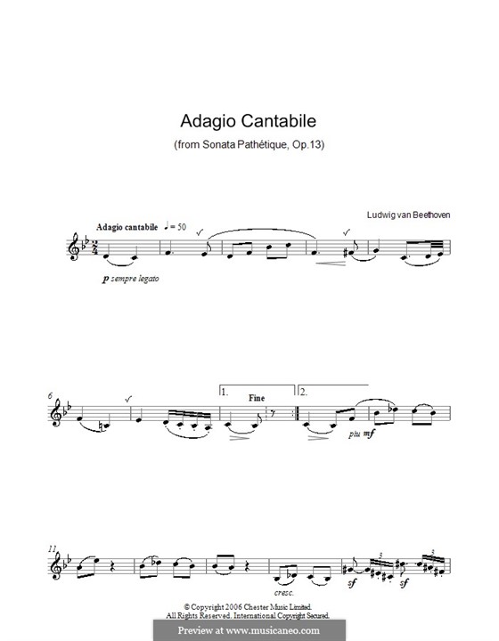 Movement II (Printable scores): Version for clarinet by Ludwig van Beethoven