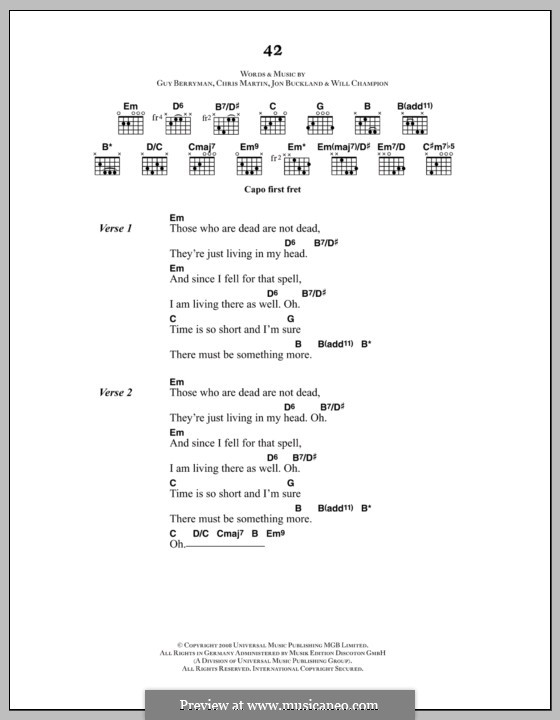 42 (Coldplay): Lyrics and chords by Chris Martin, Guy Berryman, Jonny Buckland, Will Champion