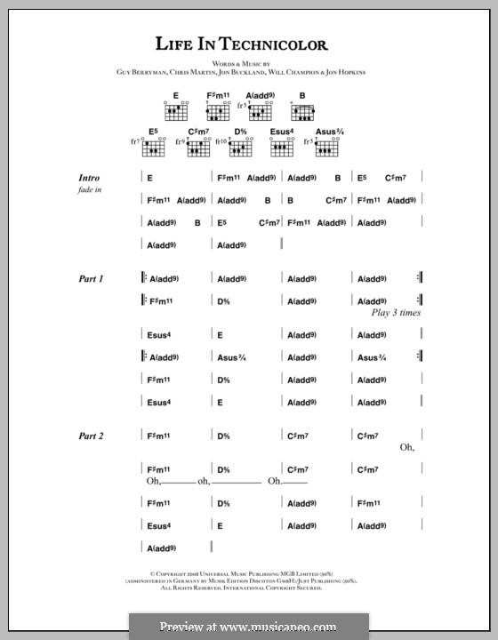 Life in Technicolor (Coldplay): Lyrics and chords by Chris Martin, Guy Berryman, Jonny Buckland, Jon Hopkins, Will Champion