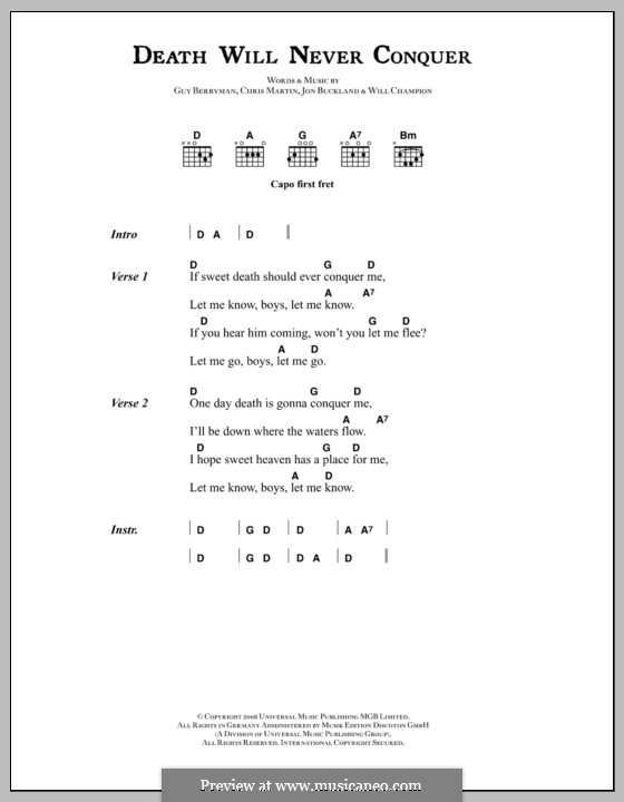 Death Will Never Conquer (Coldplay): Lyrics and chords by Chris Martin, Guy Berryman, Jonny Buckland, Will Champion