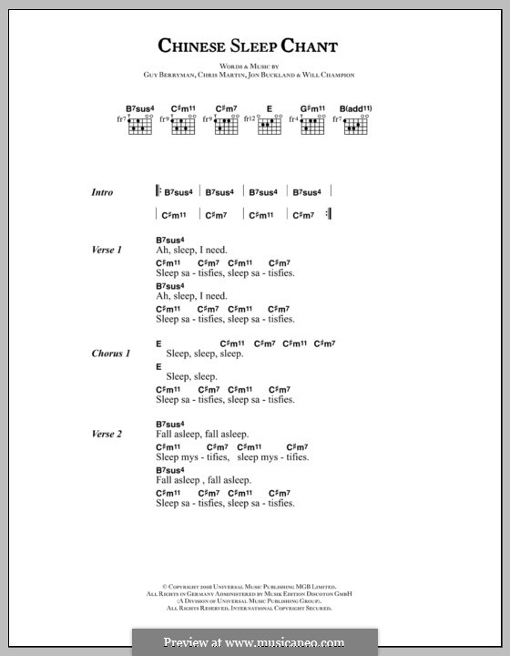 Chinese Sleep Chant (Coldplay): Lyrics and chords by Chris Martin, Guy Berryman, Jonny Buckland, Will Champion
