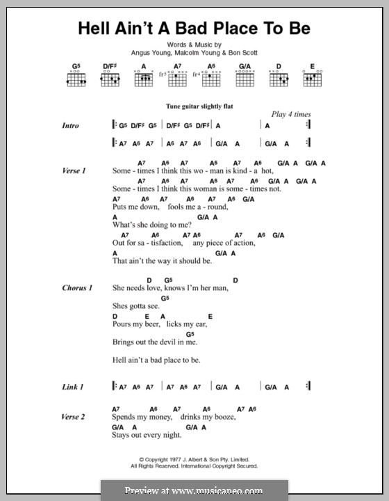 Hell Ain't a Bad Place To Be (AC/DC): Lyrics and chords by Angus Young, Bon Scott, Malcolm Young