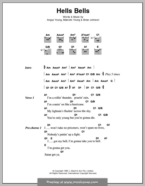 Hells Bells (AC/DC): Lyrics and chords by Angus Young, Brian Johnson, Malcolm Young