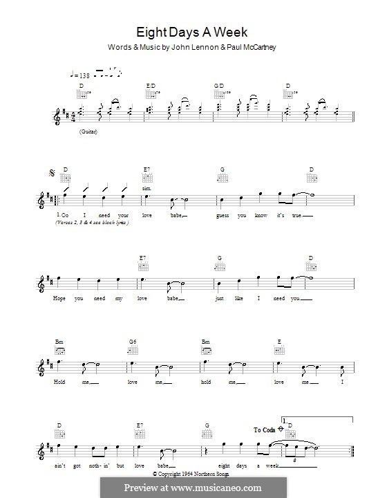 Eight Days a Week (The Beatles): Melody  line, lyrics and chords by John Lennon, Paul McCartney