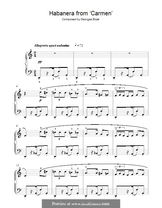 Habanera (Printable Scores): Version for easy piano (with fingering) by Georges Bizet