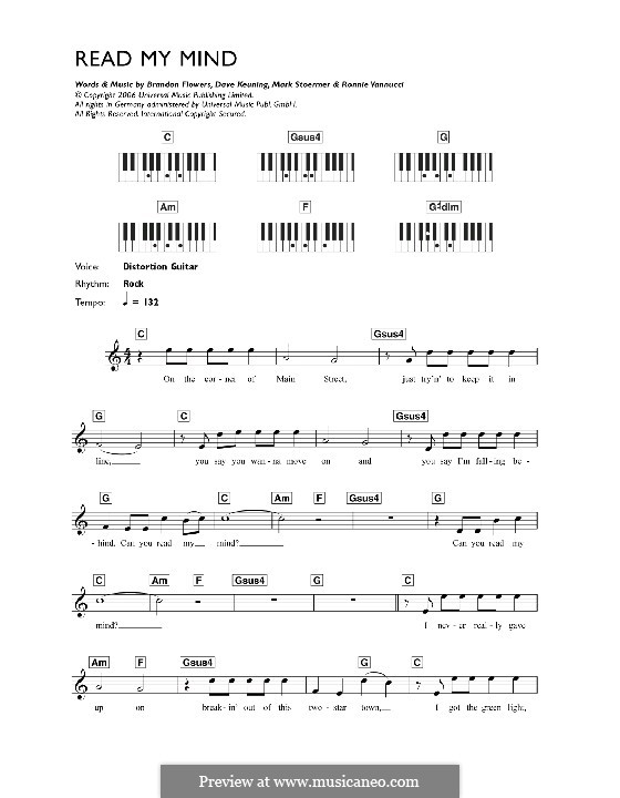 Read My Mind (The Killers): For keyboard by Brandon Flowers, Dave Keuning, Mark Stoermer, Ronnie Vannucci