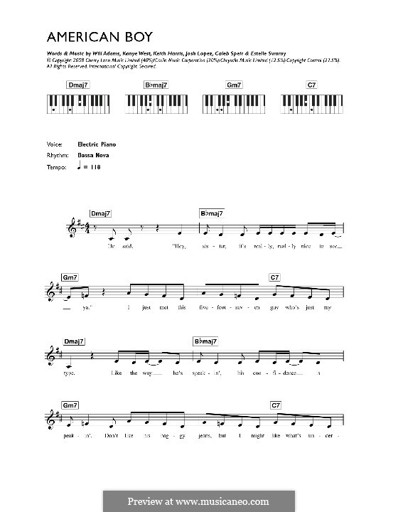 American Boy (Estelle): For keyboard by Caleb Speir, Estelle Swaray, John Stephens, Joshua Lopez, Kanye West, Keith Harris, will.i.am