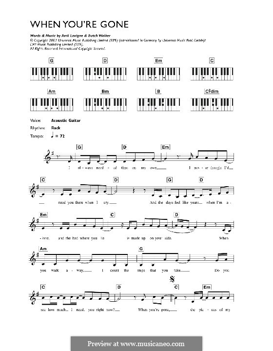 When You're Gone: For keyboard by Avril Lavigne, Butch Walker