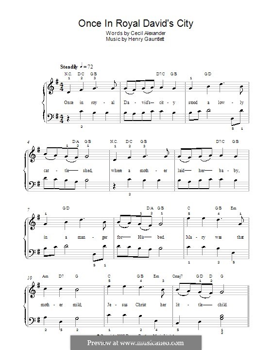 Once in Royal David's City (Printable scores): For easy piano (G Major) by Henry John Gauntlett