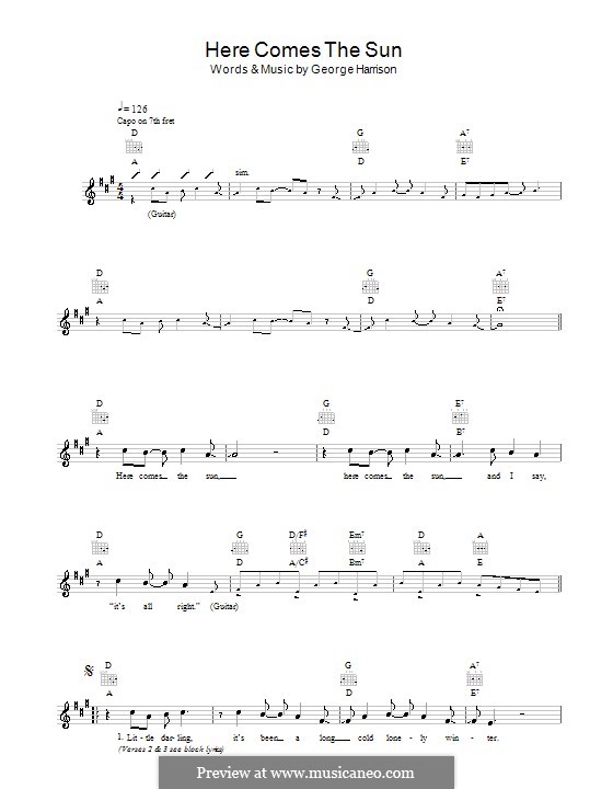 Here Comes the Sun (The Beatles): Melody line, lyrics and chords by George Harrison