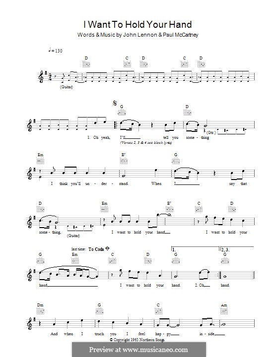 I Want to Hold Your Hand (The Beatles): Melody line, lyrics and chords by John Lennon, Paul McCartney