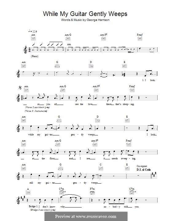 While My Guitar Gently Weeps (The Beatles): Melody line, lyrics and chords by George Harrison