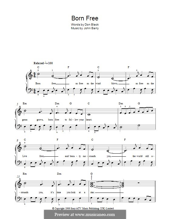 Born Free (Matt Monro): For easy piano by John Barry