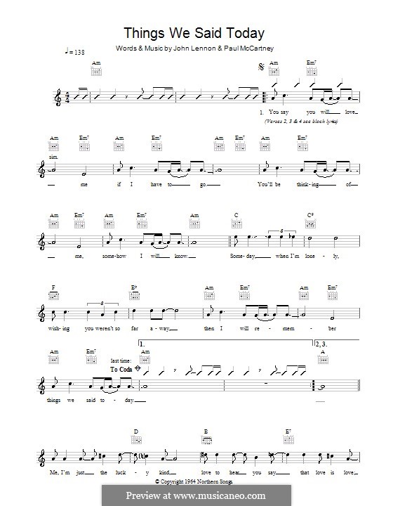 Things We Said Today (The Beatles): Melody line, lyrics and chords by John Lennon, Paul McCartney