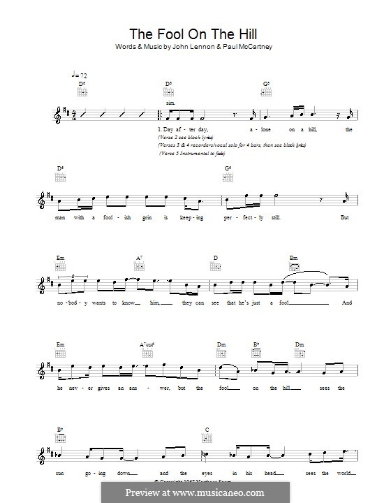 The Fool on the Hill (The Beatles): Melody line, lyrics and chords by John Lennon, Paul McCartney