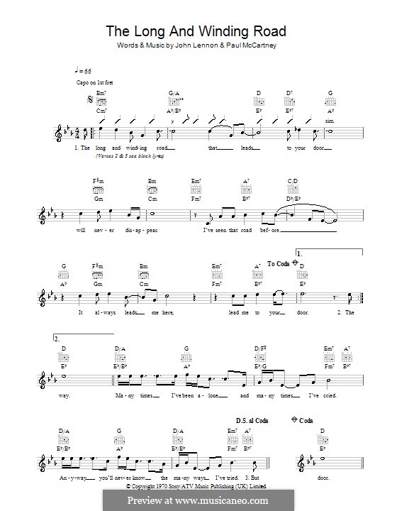 The Long and Winding Road (The Beatles): Melody line, lyrics and chords by John Lennon, Paul McCartney