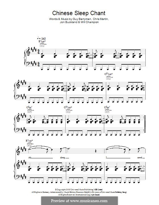 Chinese Sleep Chant (Coldplay): For voice and piano (or guitar) by Chris Martin, Guy Berryman, Jonny Buckland, Will Champion