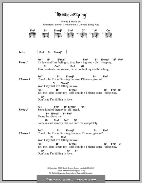 Trouble Sleeping (Corinne Bailey Rae): Lyrics and chords by John Beck, Steven Chrisanthou